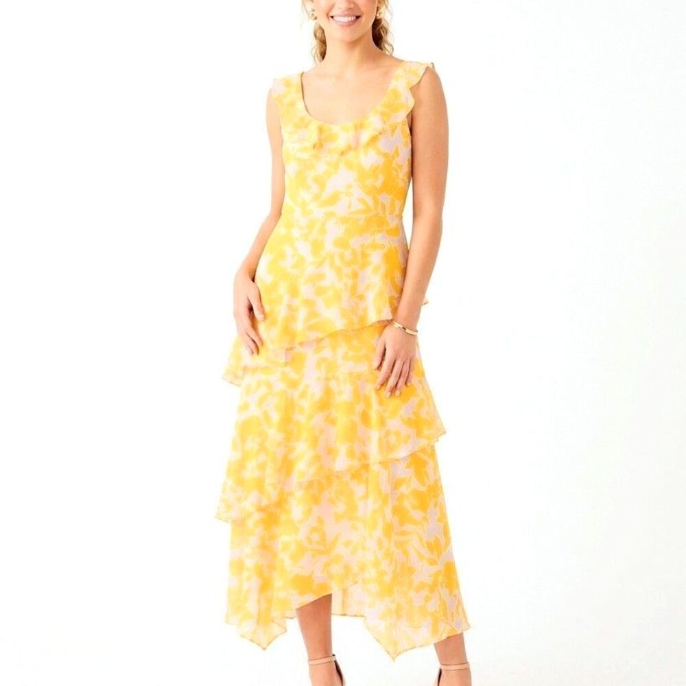 BCBG MAXAZRIA Dress Asymmetric Tiered Midi Golden/Yellow Zipper Women 0 NEW NWT